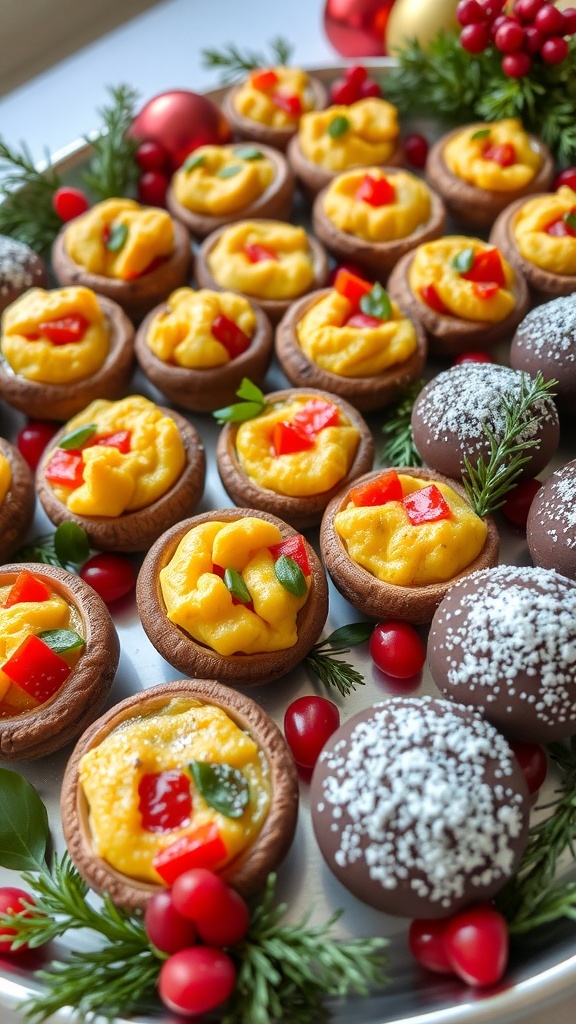 A festive assortment of Christmas party food bites including stuffed mushrooms, mini quiches, and chocolate graham bites on a decorative platter.